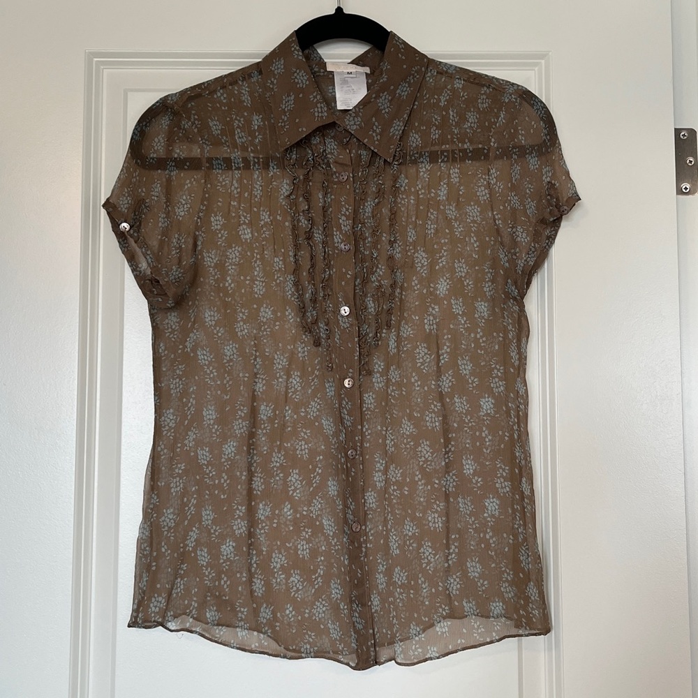 Voirnoil 100% Silk Sheer Brown Blouse